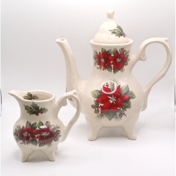 Lily Creek Incomplete Porcelain Tea Set Poinsetta Teapot Creamer Cup 2 Saucers - Picture 7 of 12